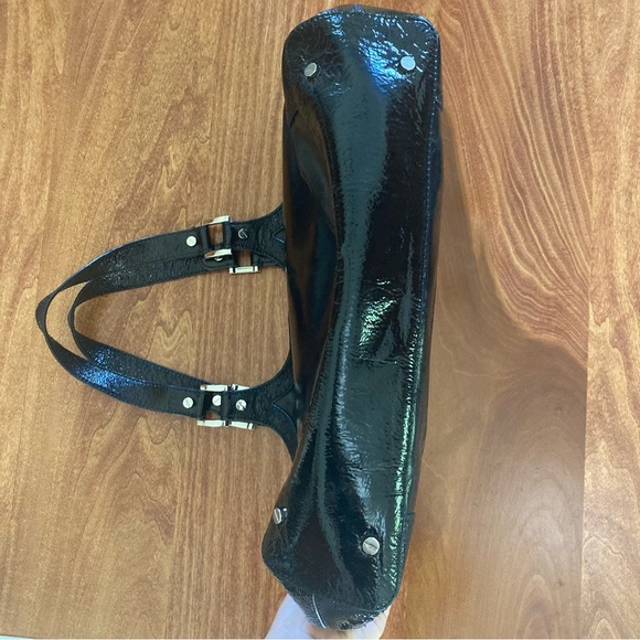 Tory Burch Bombe Tote Black Crackle Leather XL Logo Embossed Silver Satchel - Picture 10 of 14